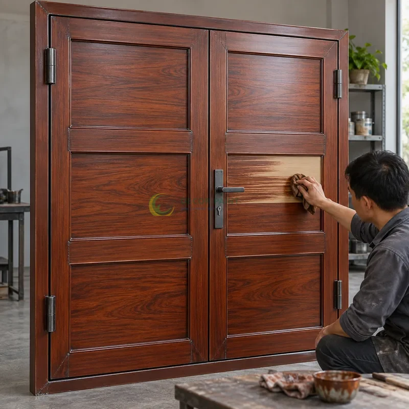 Cửa sắt thép 2 cánh sơn giả gỗ cánh gián, ba băng panô ngang có nẹp sắt mảnh, minh hoạ thao tác tạo vân trên lớp lót, góc nghiêng nhẹ, rõ cạnh phía trước.