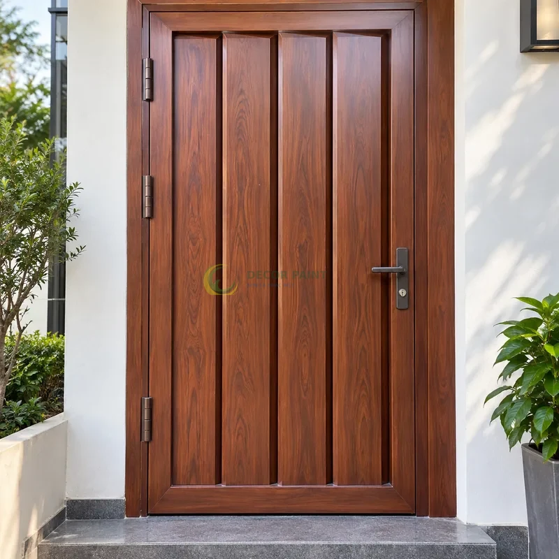 Cửa sắt thép 1 cánh sơn giả gỗ cánh gián, lá sắt dọc rộng với cạnh vát nhẹ, lối vào có bậc thấp và tường bên màu trắng, góc gần chính diện, thấy rõ kết cấu.