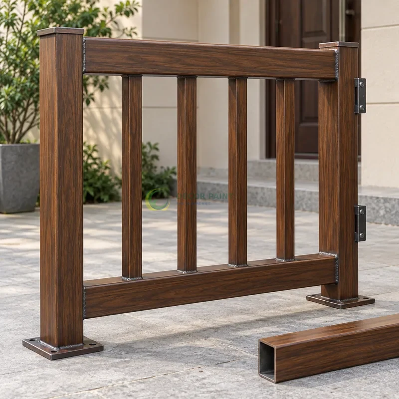 Mẫu sắt thép sơn giả gỗ óc chó sẫm, môđun lan can có tay vịn và năm thanh đứng, với mẫu màu để tham khảo lựa chọn, góc cận ngang tầm vật mẫu.