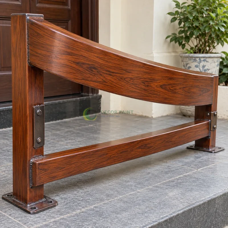 Mẫu sắt thép sơn giả gỗ cánh gián, thanh cong nhẹ có giằng thẳng, lối vào nhà phố có tường sáng, góc cận ba phần tư trên bàn.