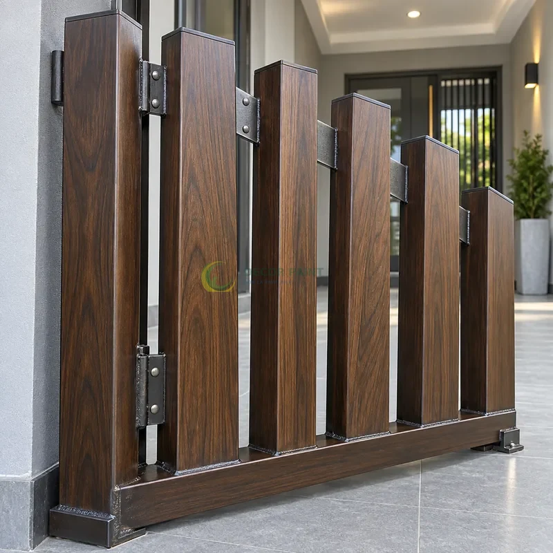 Mẫu sắt thép sơn giả gỗ óc chó sẫm, sáu thanh mẫu rộng hẹp trên cùng giá, sảnh nhỏ hiện đại có tường xám nhạt, góc cận ngang tầm vật mẫu.