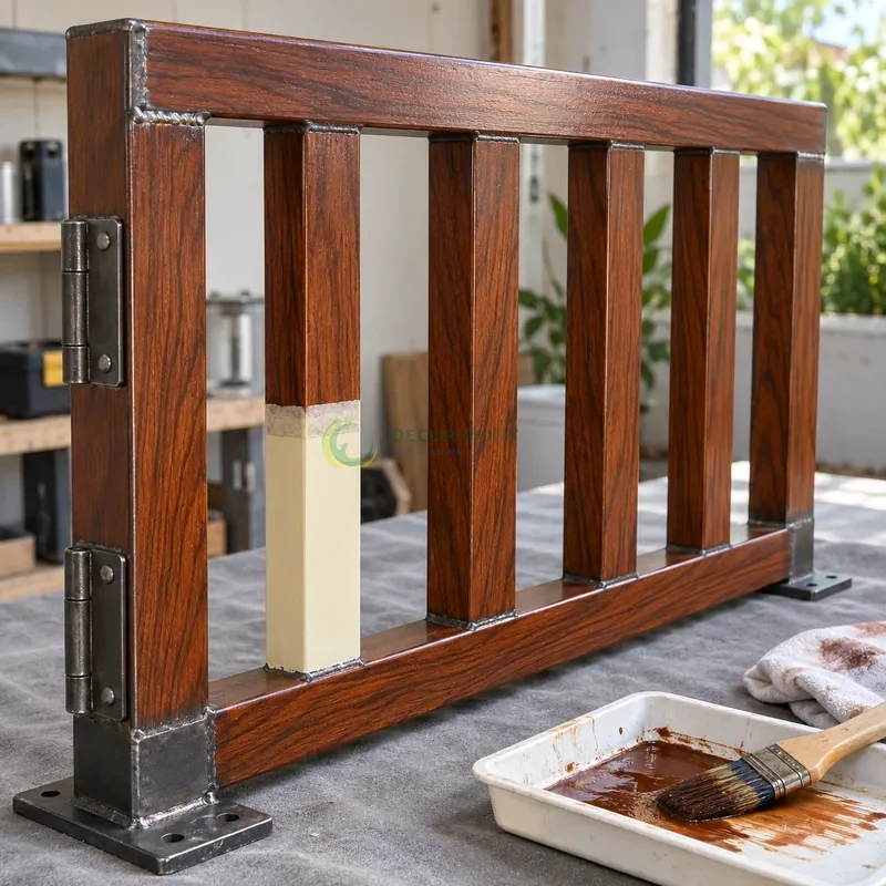 Mẫu sắt thép sơn giả gỗ cánh gián, năm thanh đứng trên giá mẫu thấp, minh hoạ lớp lót màu kem cạnh vùng sơn tạo vân, góc cận nhấn cạnh đầu vật mẫu.