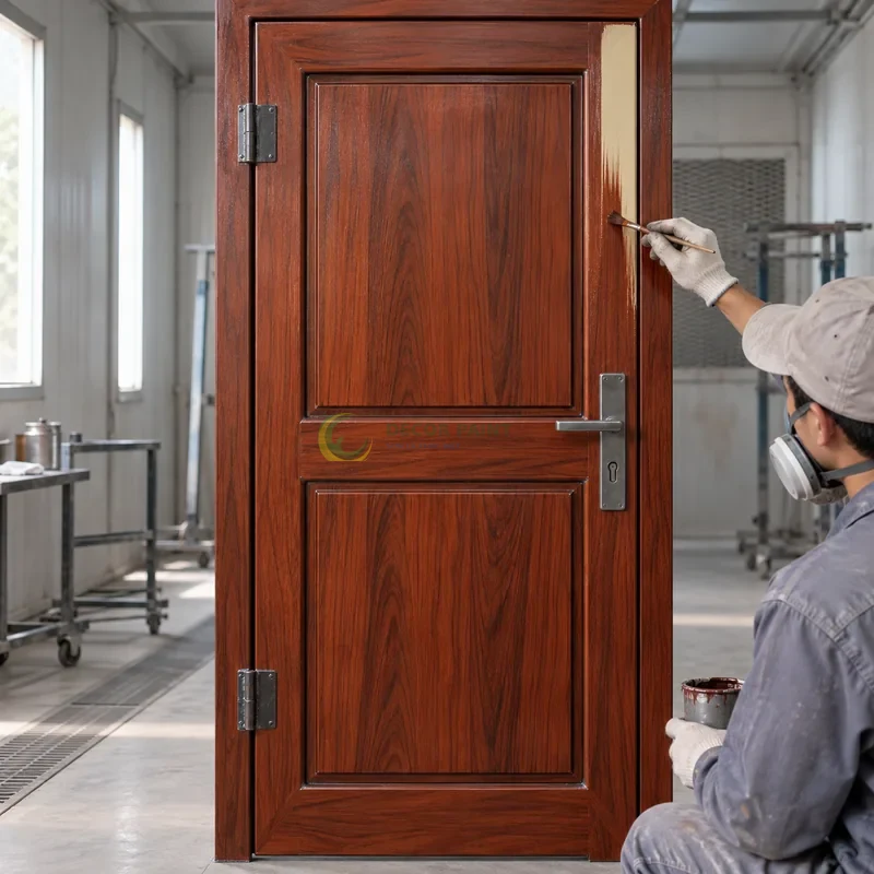 Cửa sắt thép 1 cánh sơn giả gỗ cánh gián, hai panô chữ nhật trên mỗi cánh, minh hoạ thao tác tạo vân trên lớp lót, góc chính diện cân đối.