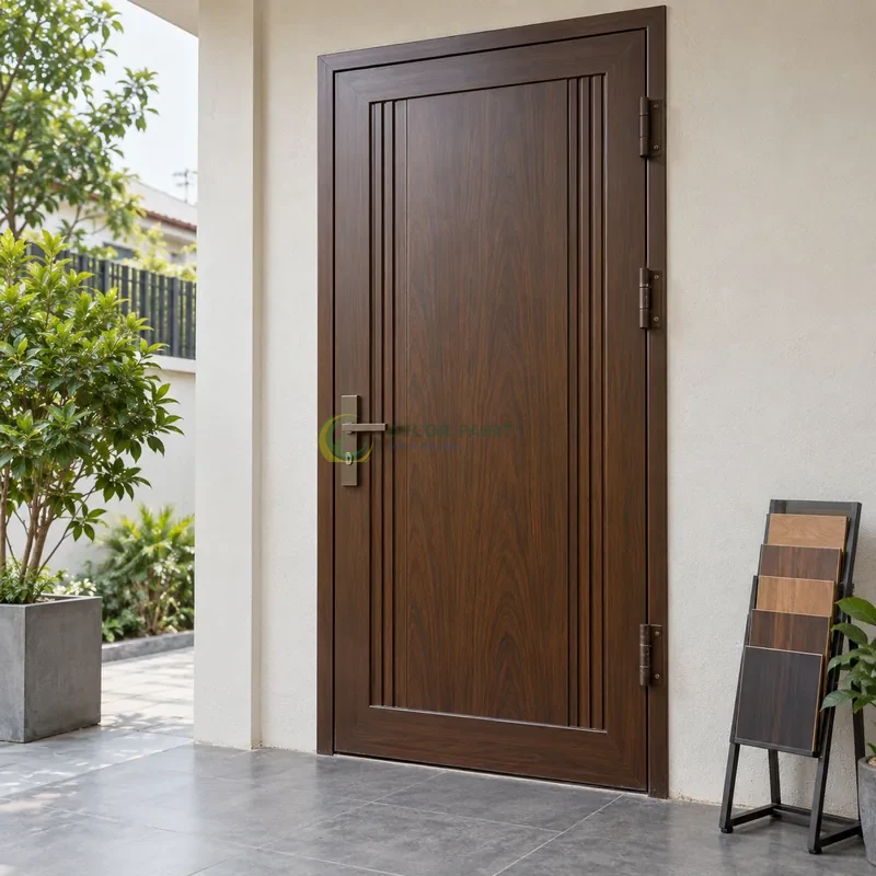 Cửa sắt thép 1 cánh sơn giả gỗ óc chó sẫm, tấm giữa rộng và gân dọc mảnh, với mẫu màu để tham khảo lựa chọn, góc nghiêng nhẹ, rõ cạnh phía trước.