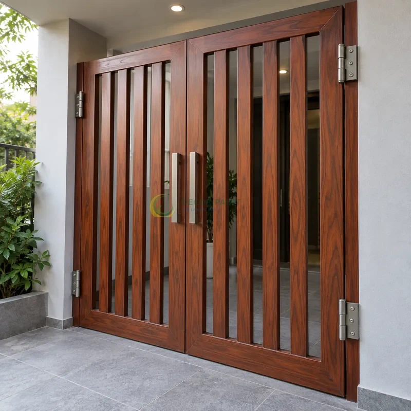 Cửa sắt thép 2 cánh sơn giả gỗ cánh gián, khung phẳng với nan dọc hẹp, sảnh nhỏ hiện đại có tường xám nhạt, góc ba phần tư từ bên phải.