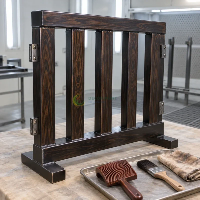 Mẫu sắt thép sơn giả gỗ đen đậm, năm thanh đứng trên giá mẫu thấp, bên dụng cụ tạo vân và mẫu sơn hoàn thiện, góc cao nhẹ thấy trọn môđun mẫu.