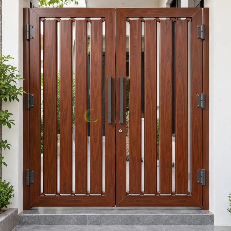 Cửa sắt thép 2 cánh sơn giả gỗ cánh gián, lá sắt dọc rộng với cạnh vát nhẹ, lối vào có bậc thấp và tường bên màu trắng, góc gần chính diện, thấy rõ kết cấu.