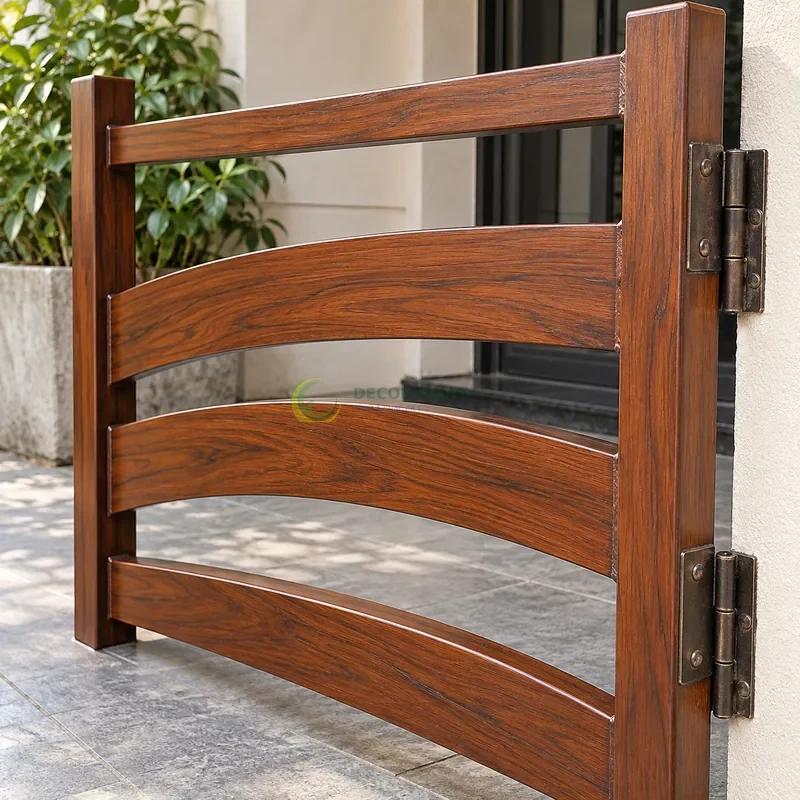 Mẫu sắt thép sơn giả gỗ cánh gián, thanh cong nhẹ có giằng thẳng, lối vào nhà phố có tường sáng, góc cận bên phải thấy rõ chiều sâu thanh.