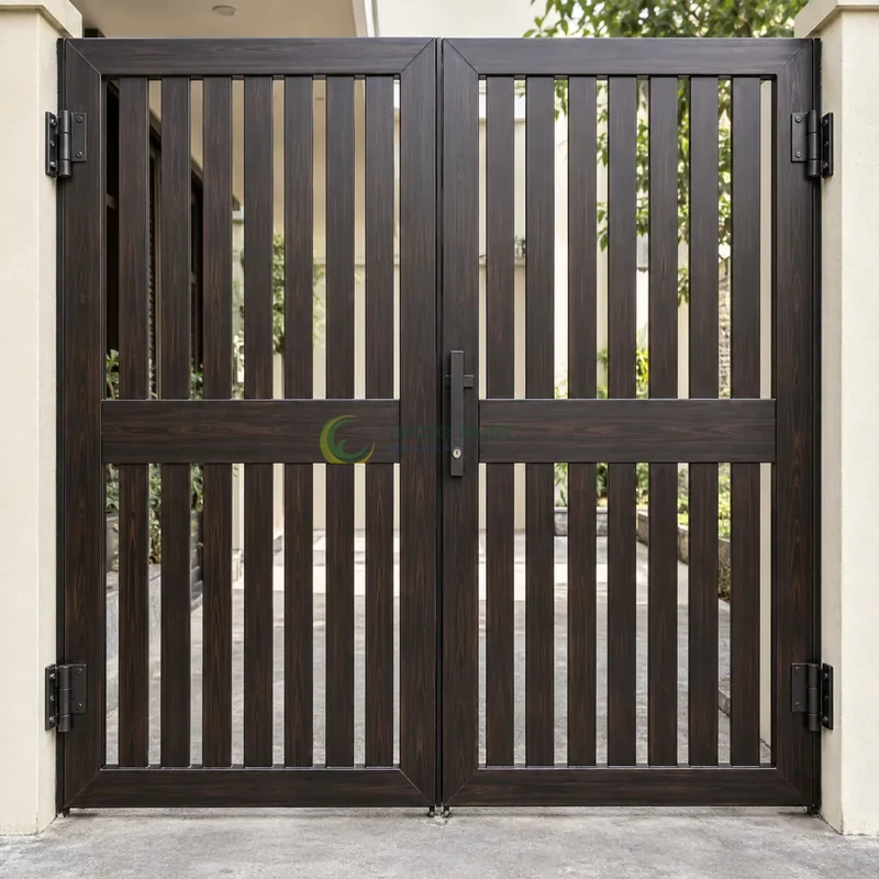 Cửa sắt thép 2 cánh sơn giả gỗ đen đậm, nan dọc có thanh ngang tạo điểm nhấn, sân trong có nền xi măng trung tính, góc gần chính diện, thấy rõ kết cấu.