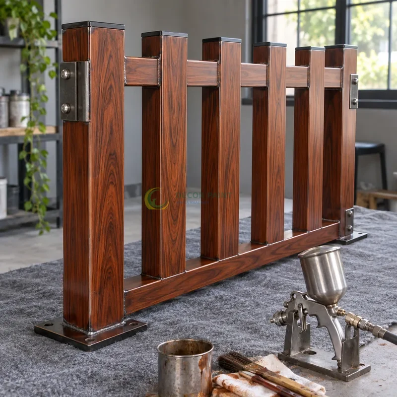 Mẫu sắt thép sơn giả gỗ cánh gián, năm thanh đứng trên giá mẫu thấp, cùng súng phun đặt trên giá trong khu hoàn thiện, góc cận nhấn cạnh đầu vật mẫu.