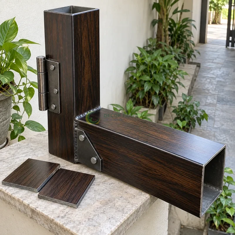 Mẫu sắt thép sơn giả gỗ đen đậm, hai thanh hộp rộng nối vuông góc, với mẫu màu để tham khảo lựa chọn, góc cao nhẹ thấy trọn môđun mẫu.