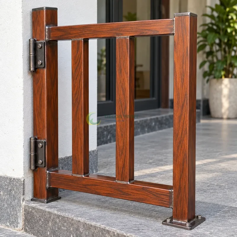 Mẫu sắt thép sơn giả gỗ cánh gián, ba thanh hộp vuông có hai thanh giằng, lối vào có bậc thấp và tường bên màu trắng, góc cận bên trái với vật mẫu dựng đứng.