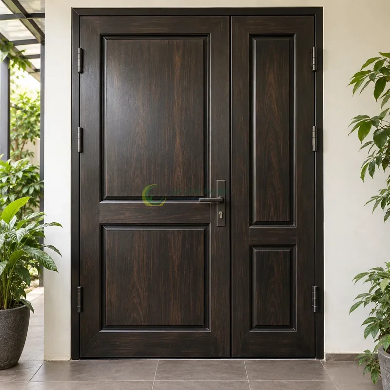 Cửa sắt thép 2 cánh sơn giả gỗ đen đậm, panô chữ nhật có tỷ lệ rộng hẹp khác nhau, lối đi có mái che sát vườn nhỏ, góc thấp vừa, thấy trọn chủ thể.