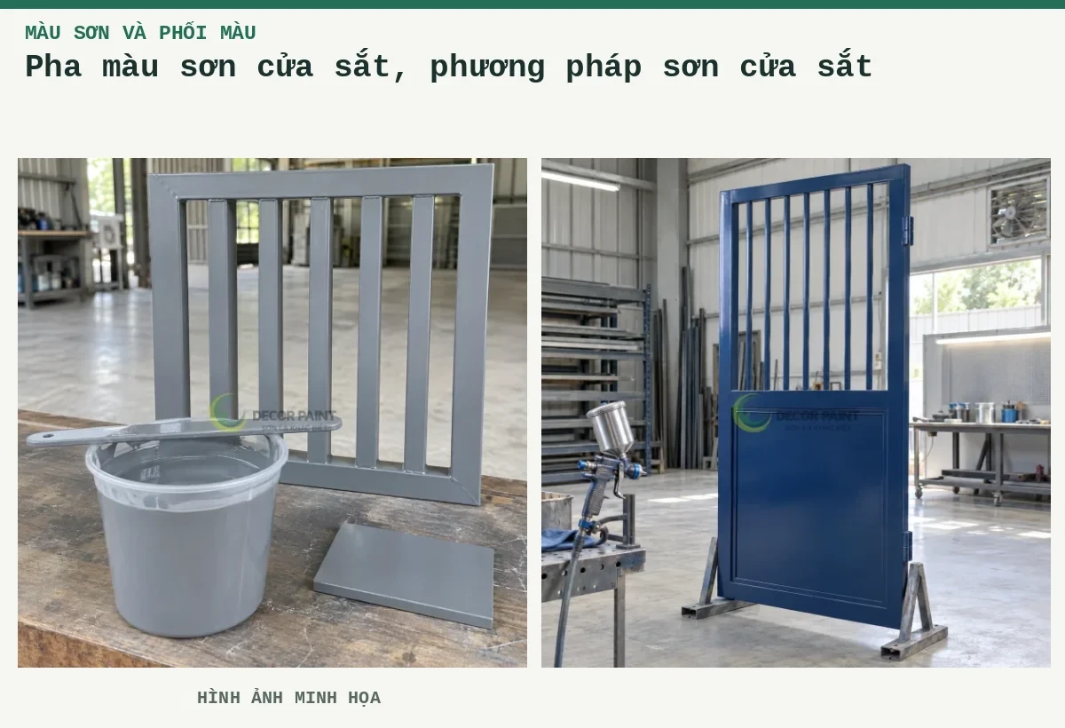 Pha màu sơn cửa sắt, phương pháp sơn cửa sắt – Hình ảnh minh họa: Minh họa sơn màu ghi và mẫu cửa sắt cùng màu hoàn thiện; Minh họa cửa sắt hoàn thiện màu xanh đậm trên giá đỡ trong xưởng.