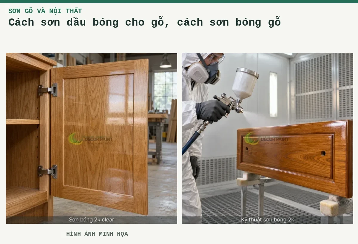 Cách sơn dầu bóng cho gỗ, cách sơn bóng gỗ – Hình ảnh minh họa: Cánh tủ gỗ phủ bóng trong, giữ rõ màu và vân gỗ dưới lớp hoàn thiện; Phun lớp phủ bóng trong lên mặt ngăn kéo gỗ trong buồng sơn.