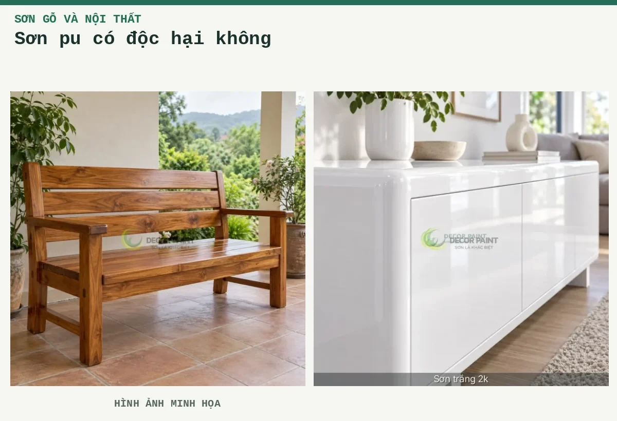 Sơn pu có độc hại không – Hình ảnh minh họa: Ghế băng gỗ phủ trong suốt đặt tại hiên nhà có mái che; Tủ thấp trắng bóng.