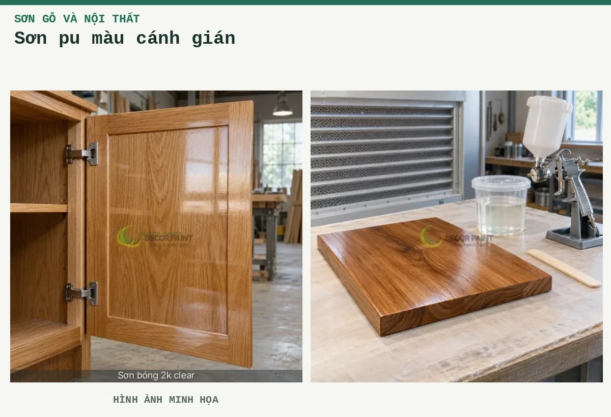 Sơn pu màu cánh gián – Hình ảnh minh họa: Cánh tủ gỗ phủ bóng trong, giữ rõ màu và vân gỗ dưới lớp hoàn thiện; Minh họa chuẩn bị sơn phủ trong cho mẫu gỗ tự nhiên.