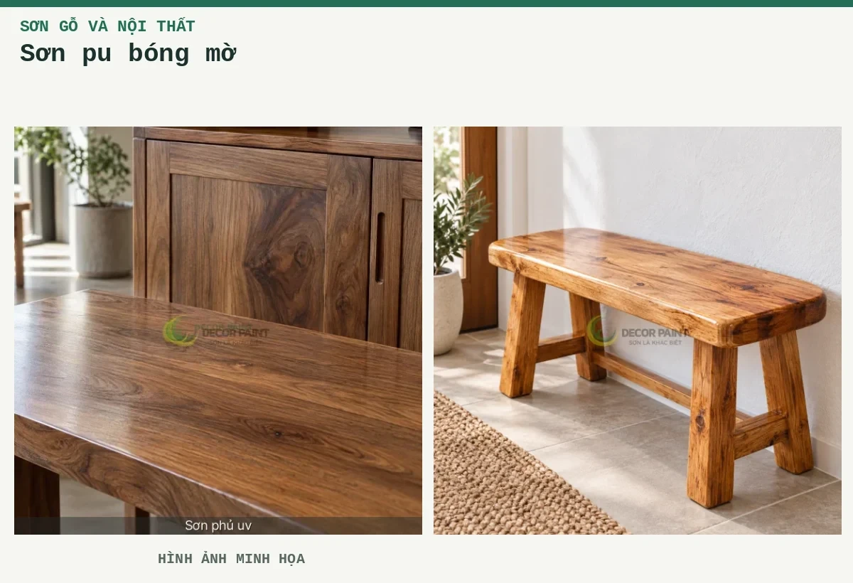 Sơn pu bóng mờ – Hình ảnh minh họa: Gỗ tự nhiên phủ bóng trong; Ghế băng gỗ phủ bóng trong.