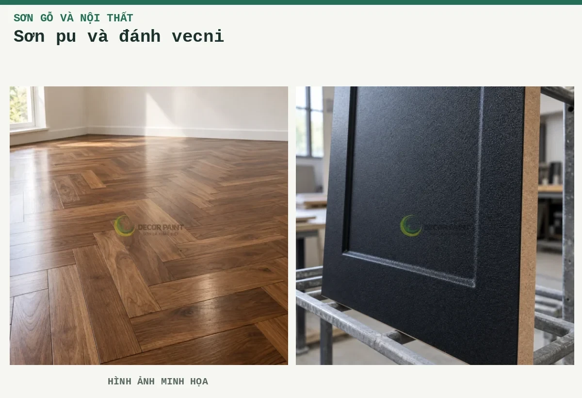 Sơn pu và đánh vecni – Hình ảnh minh họa: Sàn gỗ tự nhiên phủ trong; Tấm HDF phủ nhám đen với cạnh cắt màu nâu thể hiện vật liệu nền.