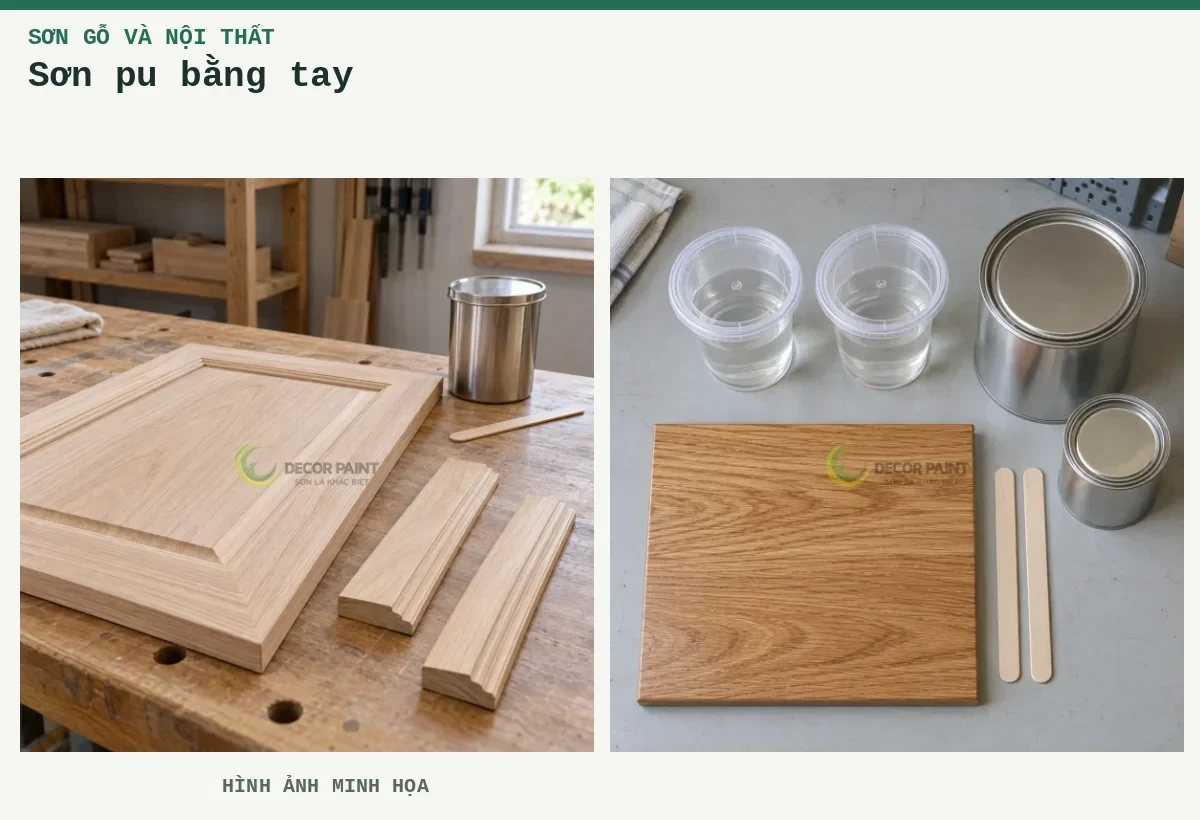 Sơn pu bằng tay – Hình ảnh minh họa: Chuẩn bị panel gỗ; Minh họa bố trí vật liệu pha sơn PU và mẫu gỗ phủ trong.