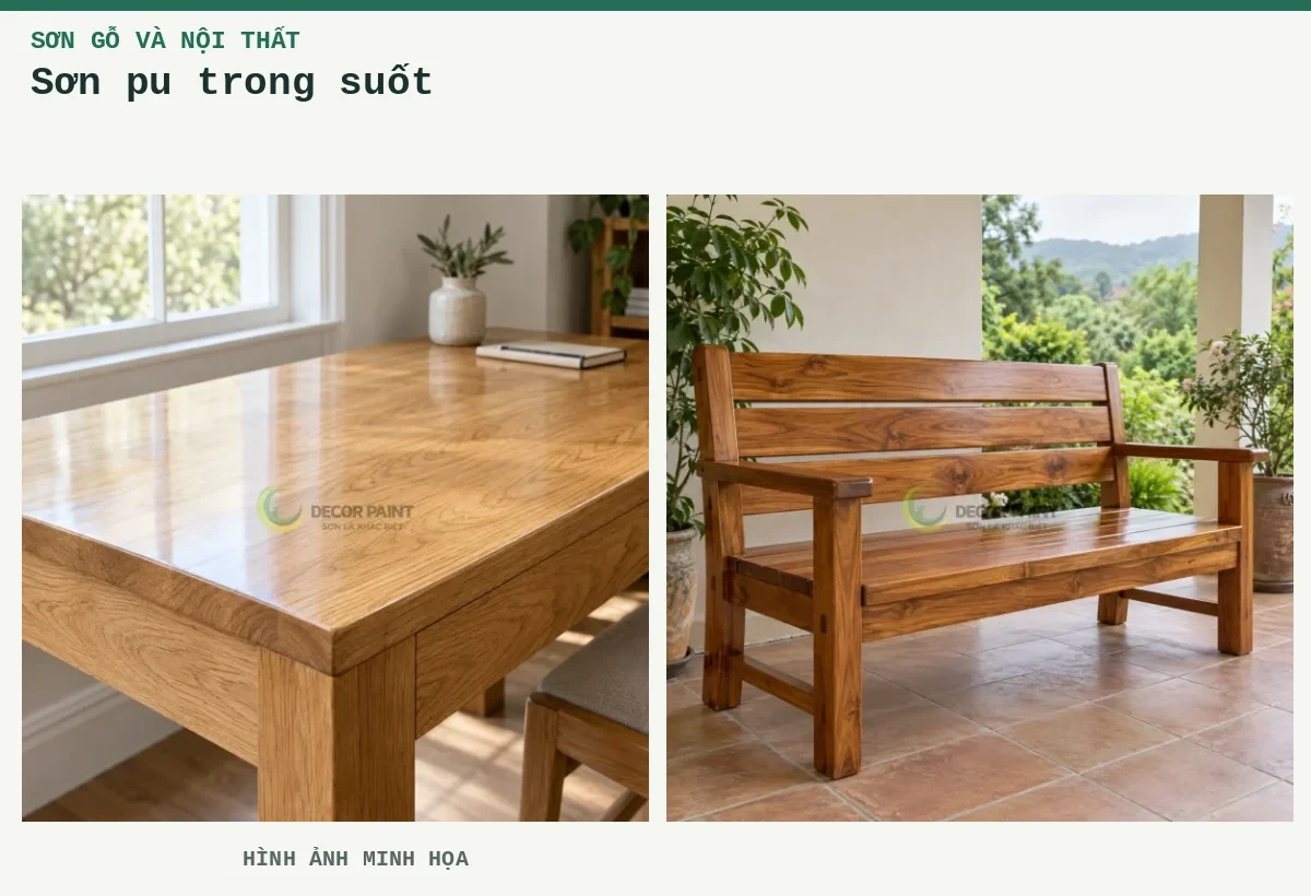 Sơn pu trong suốt – Hình ảnh minh họa: Bàn gỗ sồi phủ trong suốt, làm rõ vân gỗ dưới ánh sáng tự nhiên; Ghế băng gỗ phủ trong suốt đặt tại hiên nhà có mái che.