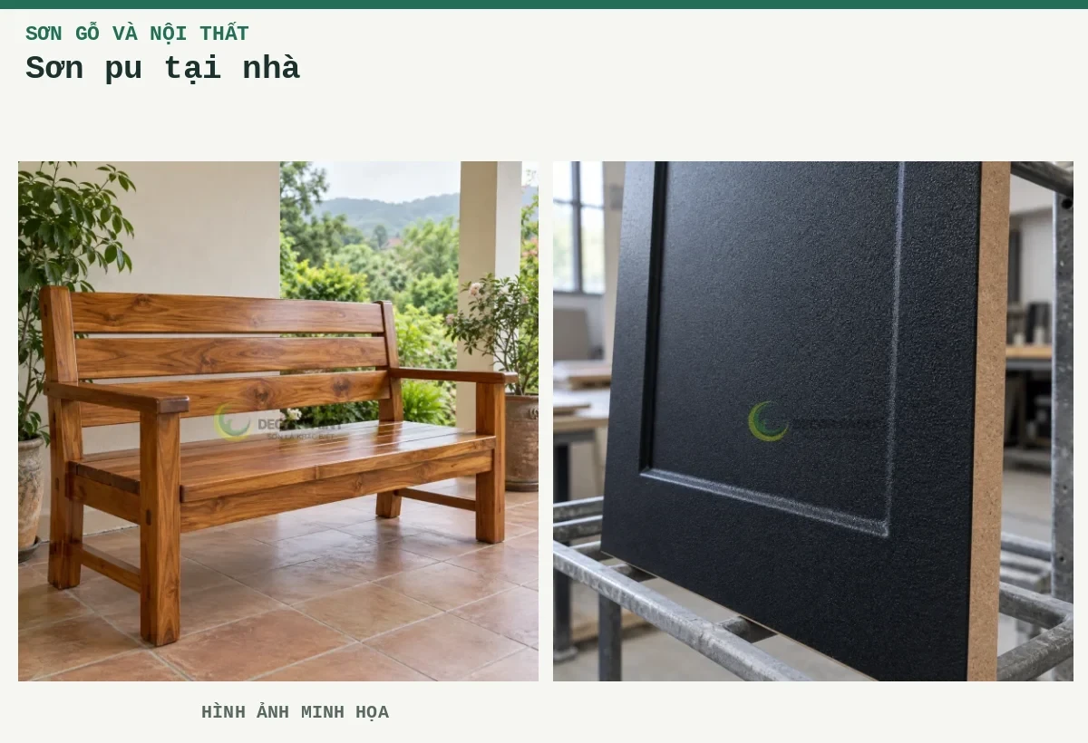 Sơn pu tại nhà – Hình ảnh minh họa: Ghế băng gỗ phủ trong suốt đặt tại hiên nhà có mái che; Tấm HDF phủ nhám đen với cạnh cắt màu nâu thể hiện vật liệu nền.