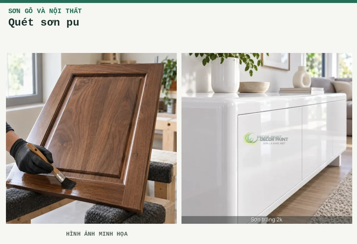 Quét sơn pu – Hình ảnh minh họa: Cánh tủ gỗ óc chó phủ lớp sơn bóng trong, thao tác quét lớp phủ tại mép dưới trên bàn hoàn thiện; Tủ thấp trắng bóng.