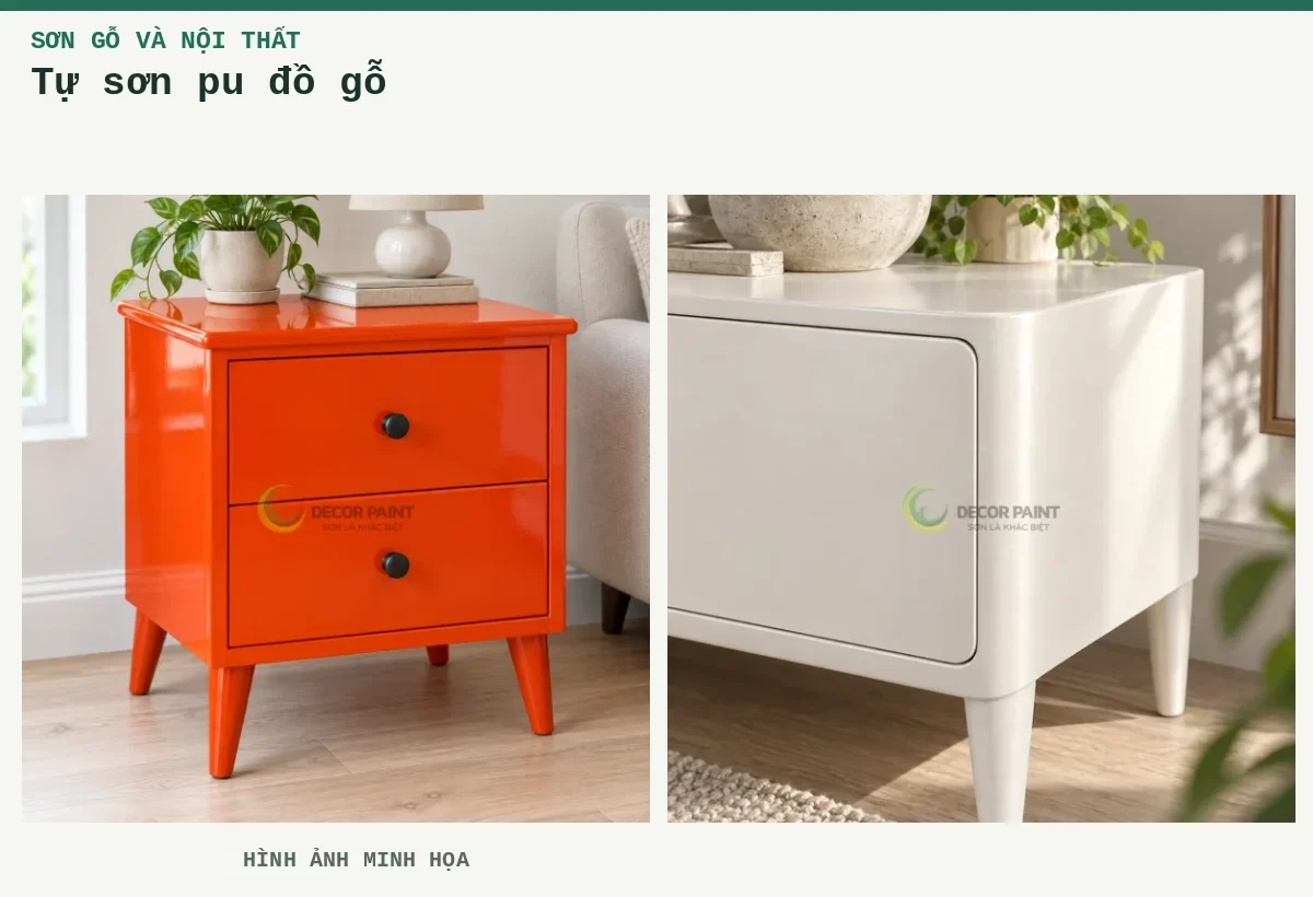 Tự sơn pu đồ gỗ – Hình ảnh minh họa: Tủ gỗ đỏ cam RS003; Tủ gỗ hoàn thiện nhũ trắng.