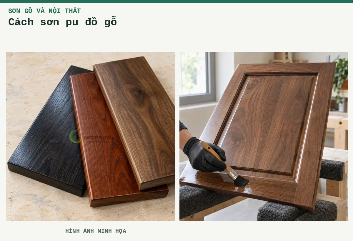 Cách sơn pu đồ gỗ – Hình ảnh minh họa: Mẫu nhuộm gỗ đen, nâu đỏ và nâu óc chó; Cánh tủ gỗ óc chó phủ lớp sơn bóng trong, thao tác quét lớp phủ tại mép dưới trên bàn hoàn thiện.