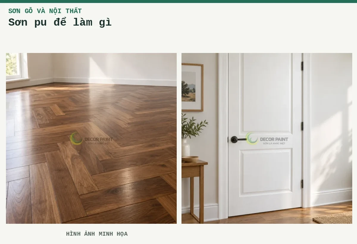 Sơn pu để làm gì – Hình ảnh minh họa: Sàn gỗ tự nhiên phủ trong; Cửa gỗ sơn trắng.