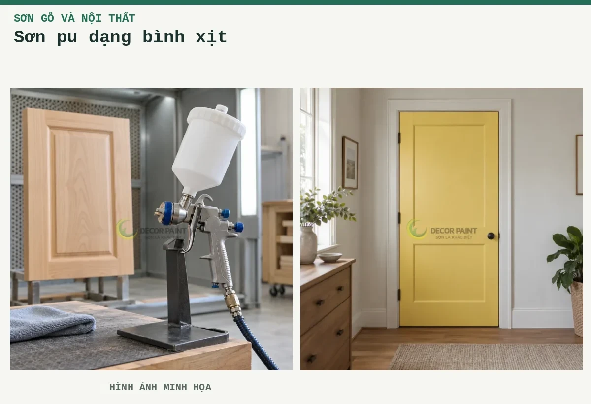 Sơn pu dạng bình xịt – Hình ảnh minh họa: Súng phun và panel gỗ; Cửa gỗ phủ sơn vàng bơ.