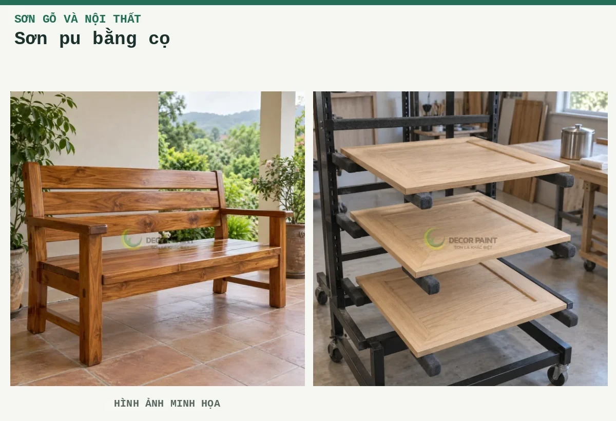 Sơn pu bằng cọ – Hình ảnh minh họa: Ghế băng gỗ phủ trong suốt đặt tại hiên nhà có mái che; Cánh tủ gỗ trên giá.