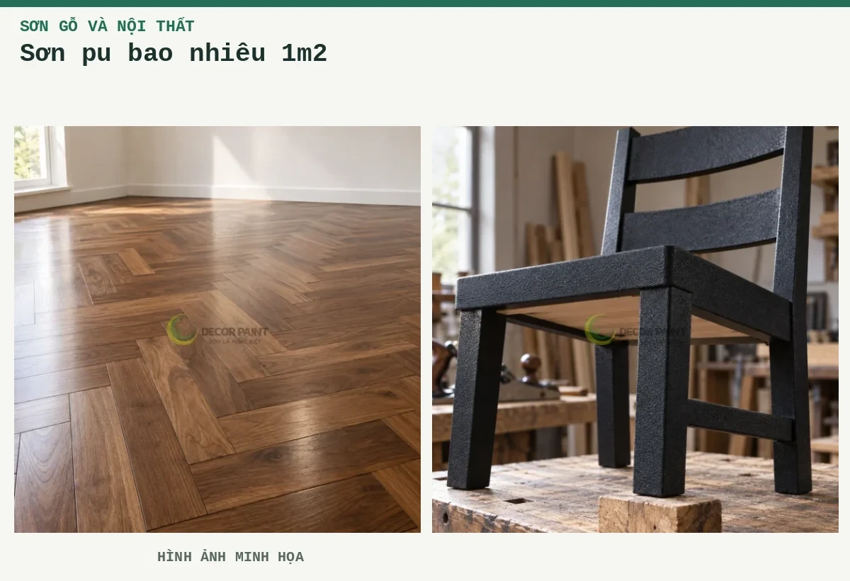 Sơn pu bao nhiêu 1m2 – Hình ảnh minh họa: Sàn gỗ tự nhiên phủ trong; Ghế gỗ sơn nhám đen, phần dưới giữ lộ vật liệu gỗ để đối chiếu.