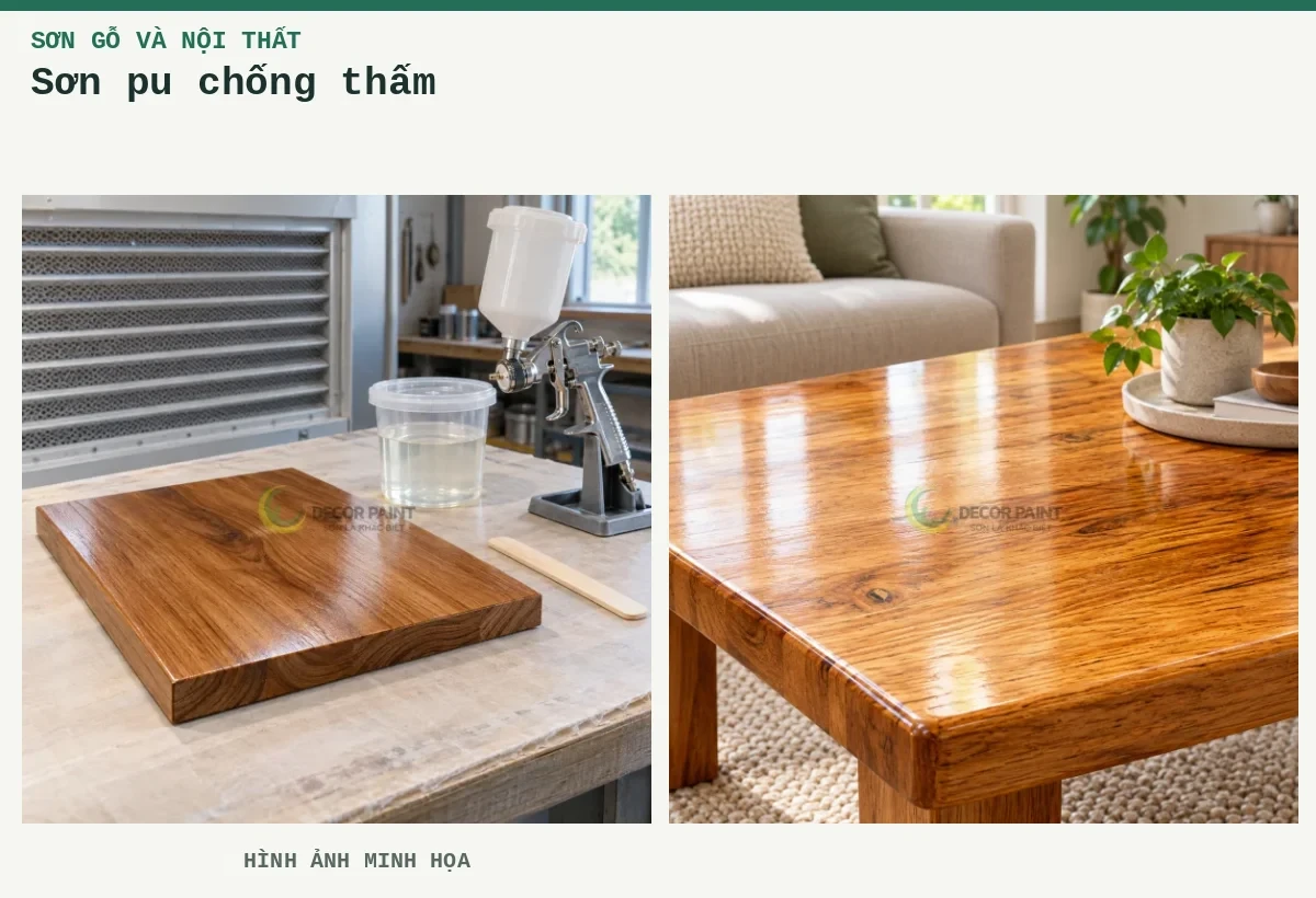 Sơn pu chống thấm – Hình ảnh minh họa: Minh họa chuẩn bị sơn phủ trong cho mẫu gỗ tự nhiên; Bàn gỗ phủ bóng trong.