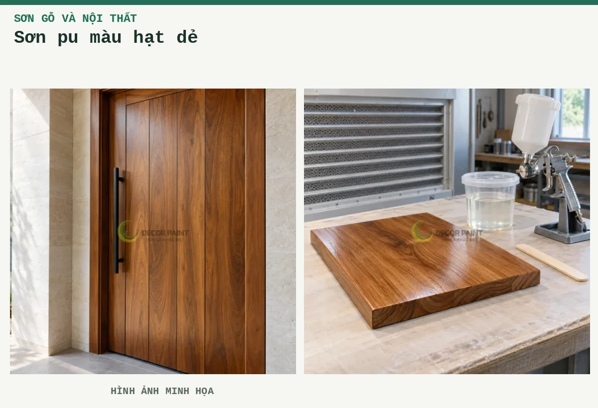 Sơn pu màu hạt dẻ – Hình ảnh minh họa: Cửa gỗ màu nâu ấm với lớp hoàn thiện trong và tay nắm đen; Minh họa chuẩn bị sơn phủ trong cho mẫu gỗ tự nhiên.