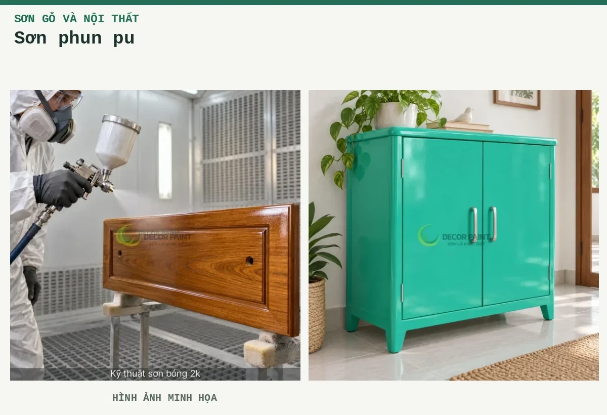 Sơn phun pu – Hình ảnh minh họa: Phun lớp phủ bóng trong lên mặt ngăn kéo gỗ trong buồng sơn; Tủ gỗ phủ sơn xanh RS006.