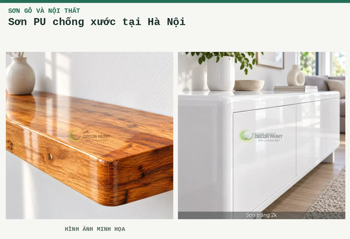 Sơn PU chống xước tại Hà Nội – Hình ảnh minh họa: Kệ gỗ phủ bóng trong; Tủ thấp trắng bóng.