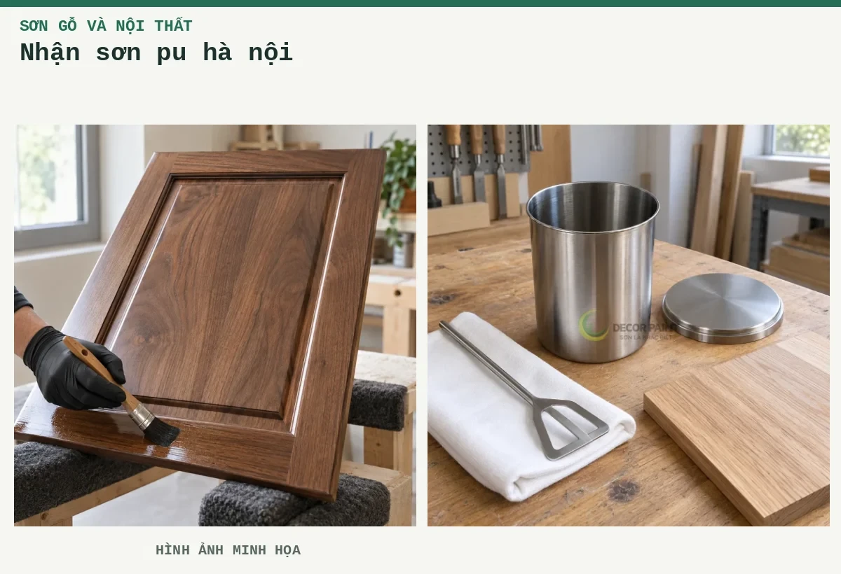 Nhận sơn pu hà nội – Hình ảnh minh họa: Cánh tủ gỗ óc chó phủ lớp sơn bóng trong, thao tác quét lớp phủ tại mép dưới trên bàn hoàn thiện; Mẫu gỗ và cốc trộn.