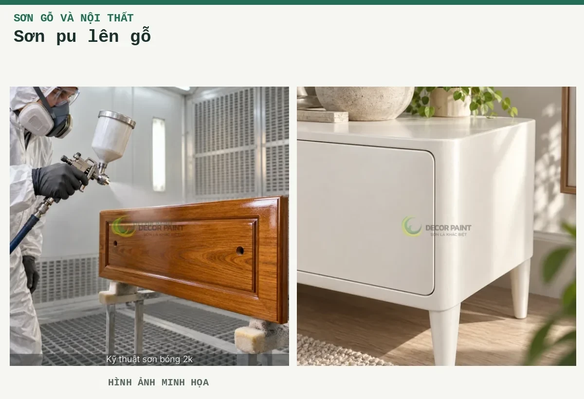 Sơn pu lên gỗ – Hình ảnh minh họa: Phun lớp phủ bóng trong lên mặt ngăn kéo gỗ trong buồng sơn; Tủ gỗ hoàn thiện nhũ trắng.