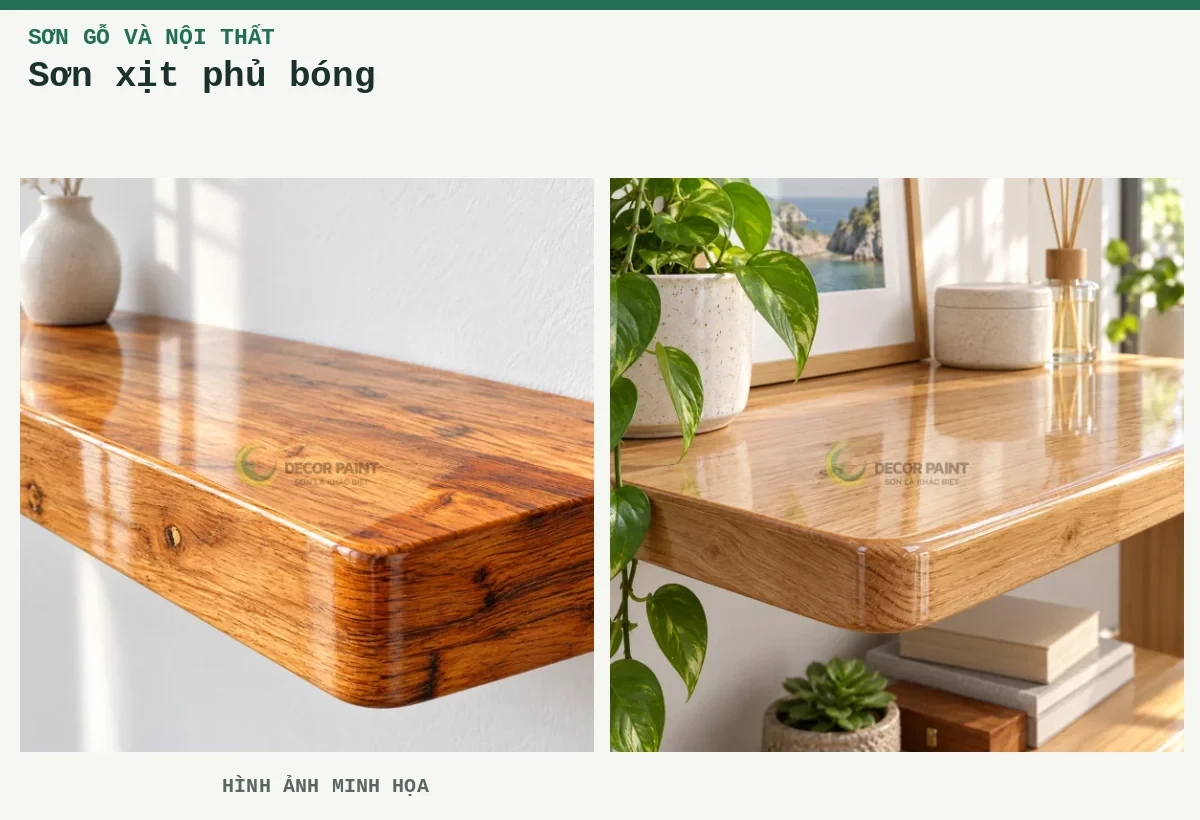 Sơn xịt phủ bóng – Hình ảnh minh họa: Kệ gỗ phủ bóng trong; Kệ gỗ phủ bóng trong.