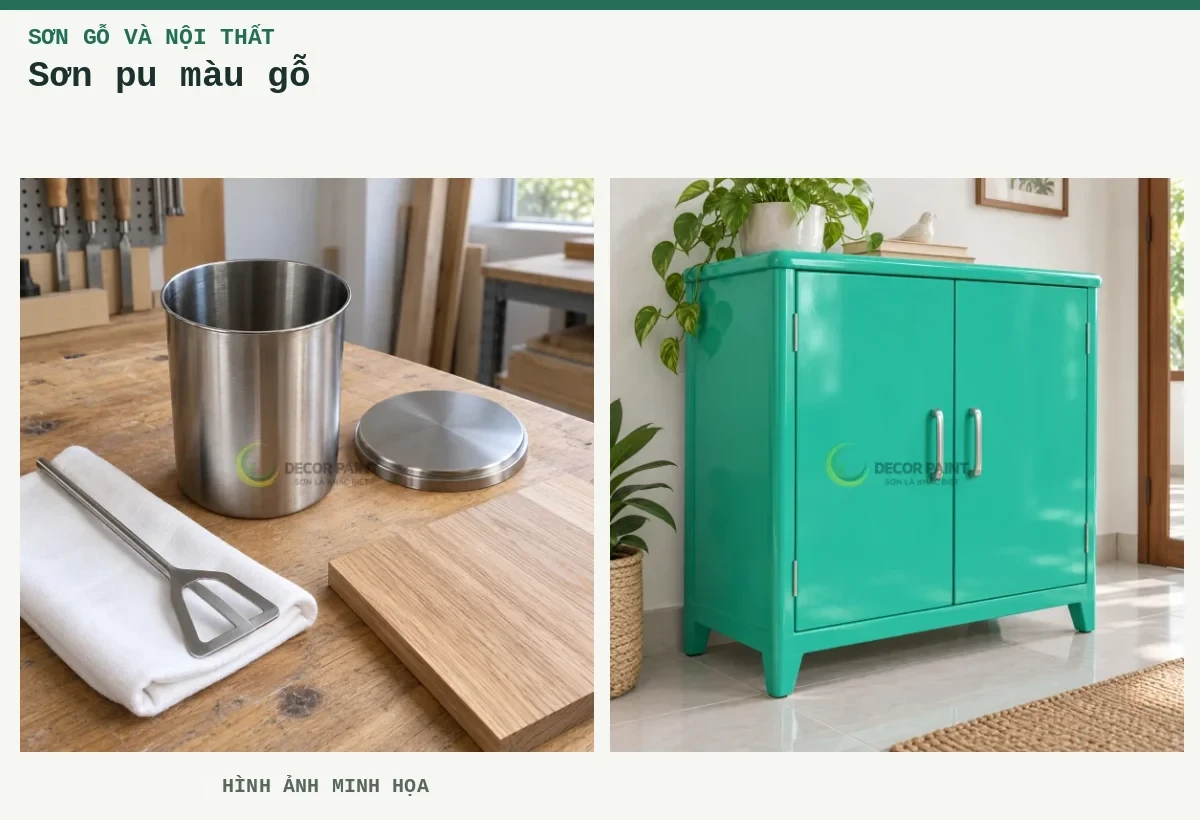 Sơn pu màu gỗ – Hình ảnh minh họa: Mẫu gỗ và cốc trộn; Tủ gỗ phủ sơn xanh RS006.