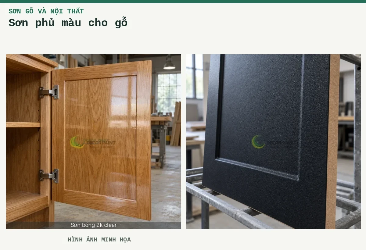 Sơn phủ màu cho gỗ – Hình ảnh minh họa: Cánh tủ gỗ phủ bóng trong, giữ rõ màu và vân gỗ dưới lớp hoàn thiện; Tấm HDF phủ nhám đen với cạnh cắt màu nâu thể hiện vật liệu nền.