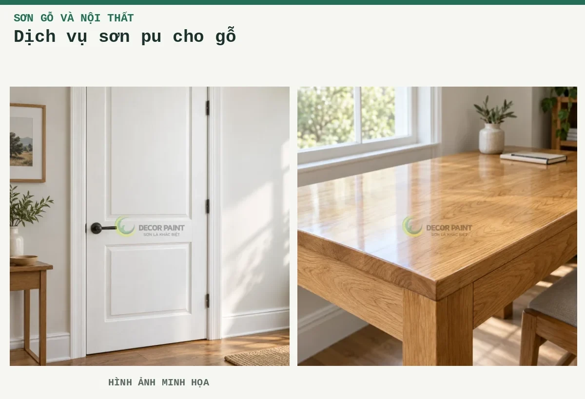 Dịch vụ sơn pu cho gỗ – Hình ảnh minh họa: Cửa gỗ sơn trắng; Bàn gỗ sồi phủ trong suốt, làm rõ vân gỗ dưới ánh sáng tự nhiên.