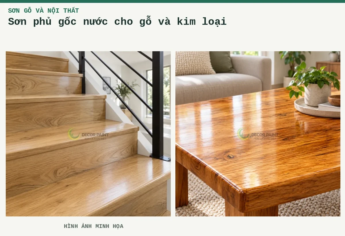Sơn phủ gốc nước cho gỗ và kim loại – Hình ảnh minh họa: Bậc cầu thang gỗ sồi phủ trong suốt kết hợp lan can kim loại đen; Bàn gỗ phủ bóng trong.