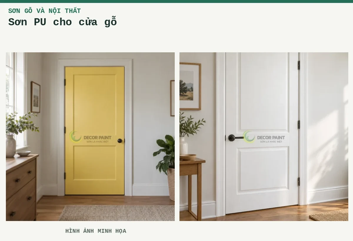 Sơn PU cho cửa gỗ – Hình ảnh minh họa: Cửa gỗ phủ sơn vàng bơ; Cửa gỗ sơn trắng.