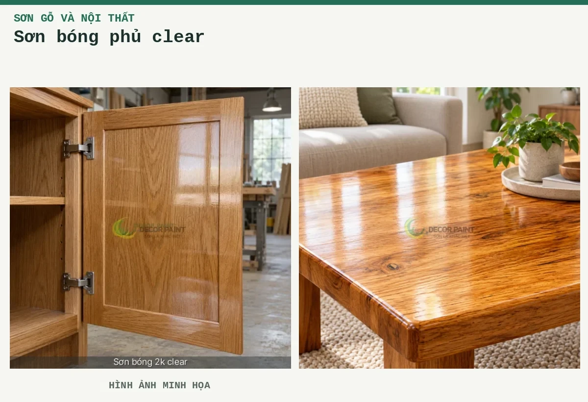 Sơn bóng phủ clear – Hình ảnh minh họa: Cánh tủ gỗ phủ bóng trong, giữ rõ màu và vân gỗ dưới lớp hoàn thiện; Bàn gỗ phủ bóng trong.
