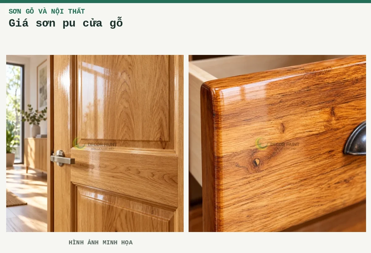 Giá sơn pu cửa gỗ – Hình ảnh minh họa: Cửa gỗ phủ bóng trong; Ngăn kéo gỗ phủ bóng trong.