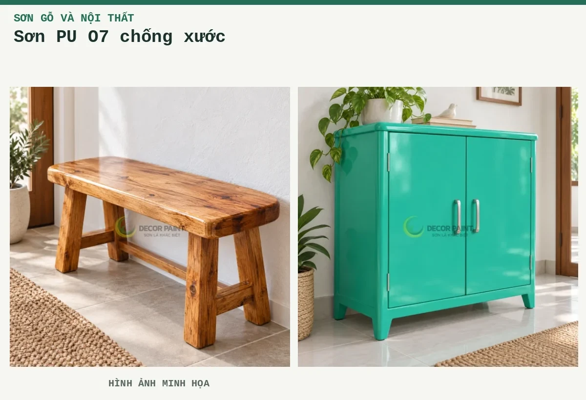 Sơn PU O7 chống xước – Hình ảnh minh họa: Ghế băng gỗ phủ bóng trong; Tủ gỗ phủ sơn xanh RS006.