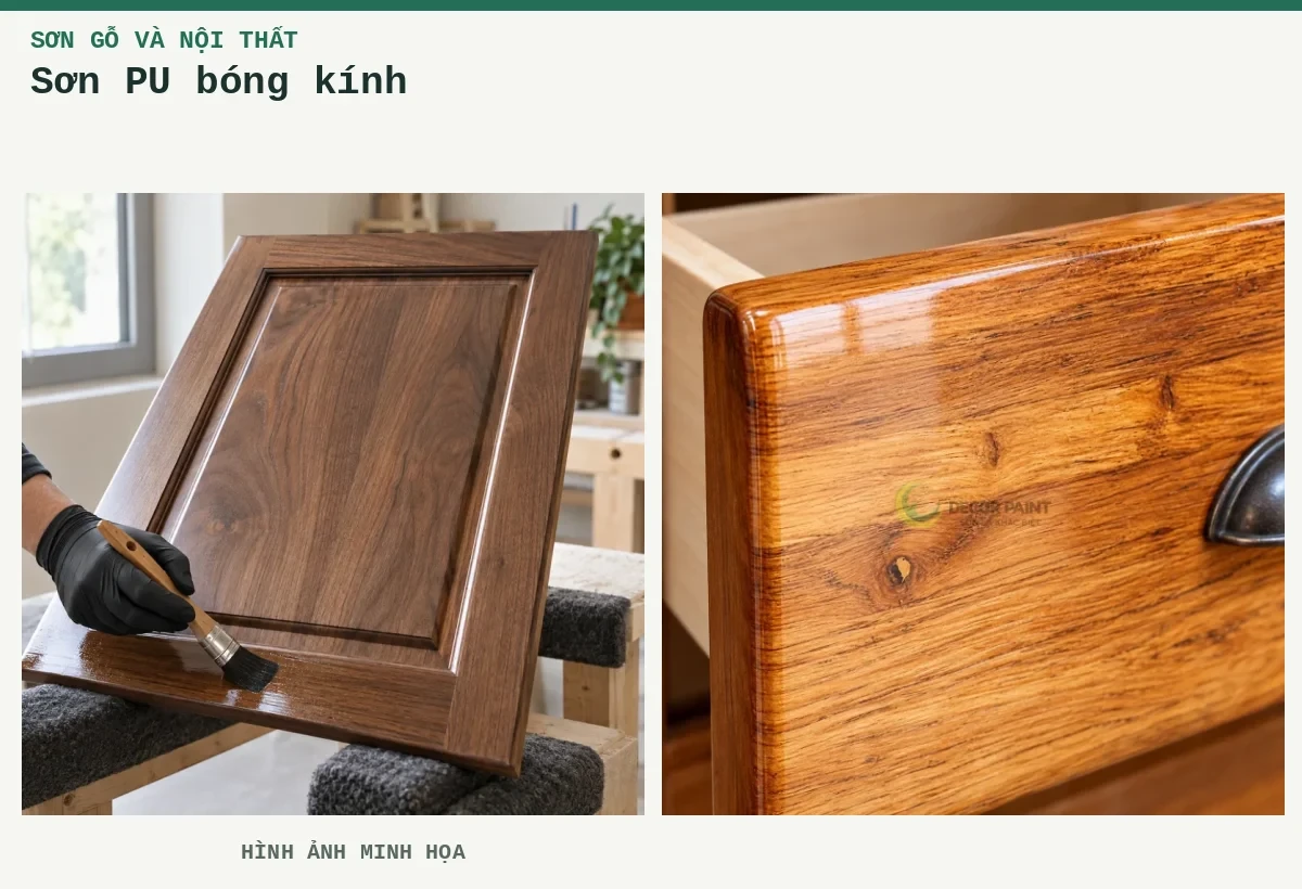 Sơn PU bóng kính – Hình ảnh minh họa: Cánh tủ gỗ óc chó phủ lớp sơn bóng trong, thao tác quét lớp phủ tại mép dưới trên bàn hoàn thiện; Ngăn kéo gỗ phủ bóng trong.