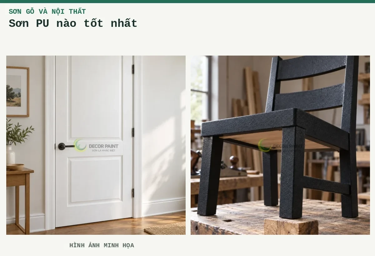 Sơn PU nào tốt nhất – Hình ảnh minh họa: Cửa gỗ sơn trắng; Ghế gỗ sơn nhám đen, phần dưới giữ lộ vật liệu gỗ để đối chiếu.
